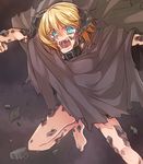  blonde_hair blue_eyes cloak collar commentary dark_persona dragon_girl dragon_horns edna_(tales) fangs horns jumping naked_cloak open_mouth saliva scales short_hair slit_pupils solo tales_of_(series) tales_of_zestiria tusia what_if 