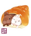  blue_eyes bread bunny cheek-to-cheek chocolate_cornet food in_food lilac_(p-f_easy) looking_at_viewer lying no_humans on_stomach one_eye_closed original red_eyes signature simple_background white_background 