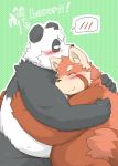  2012 anthro bear belly blush duo eyes_closed green_background hug humanoid_hands japanese_text kota&acute; male mammal overweight overweight_male panda red_panda simple_background text 
