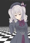  alternate_costume beret breasts checkered checkered_floor grey_eyes grey_hair hand_in_hair hat jacket kantai_collection kashima_(kantai_collection) large_breasts looking_at_viewer mimamui sidelocks smile solo twintails wavy_hair winter_clothes 