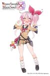  absurdres brave_sword_x_blaze_soul breasts cardigan double_v elbow_pads full_body hair_ribbon highres looking_at_viewer loose_socks morino_donguri mushroom open_mouth pink_hair ribbon short_hair small_breasts smile socks solo torn_clothes v yellow_eyes 
