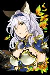  animal_ears bangs black_background breasts cat_ears cleavage erune granblue_fantasy hair_between_eyes hair_tubes hairband heles large_breasts leaf long_hair parted_lips shoulder_pads sig_(shirufuro) silver_hair simple_background solo spikes upper_body yellow_eyes 
