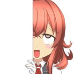  arashi_(kantai_collection) blush eyebrows_visible_through_hair gloves kantai_collection kerchief messy_hair nagineko open_mouth peeking_out red_hair school_uniform serafuku silver_eyes solo transparent_background vest white_gloves 