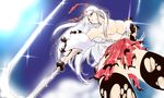  boots breasts brown_eyes hairband headband japanese_clothes kantai_collection karakure_(kamo-nanban) large_breasts long_hair miko muneate panties shoukaku_(kantai_collection) solo sword thigh_boots thighhighs torn_clothes underwear weapon white_hair 