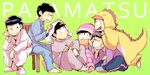  ;) bad_id bad_twitter_id black_hair bowl_cut brothers chair chin_rest cosplay green_background hat indian_style kigurumi male_focus matsuno_choromatsu matsuno_ichimatsu matsuno_juushimatsu matsuno_karamatsu matsuno_osomatsu matsuno_todomatsu messy_hair multiple_boys nightcap one_eye_closed osomatsu-kun osomatsu-san pajamas pillow pun robe sextuplets siblings simple_background sitting sleep_mask slippers smile sunglasses surgical_mask wakaya_hana 