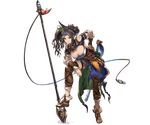  belt black_hair breasts cleavage feathers full_body granblue_fantasy large_breasts leaf long_hair minaba_hideo official_art older polearm purple_eyes sig_(granblue_fantasy) smile solo spear transparent_background weapon 