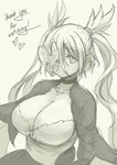  breasts butterfly_eyepatch character_request choker cleavage cloud_kingdom eyepatch huge_breasts jewelry long_hair monochrome necklace original pas_(paxiti) pointy_ears sketch solo thank_you twintails upper_body 