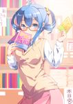  ahoge amiami_(company) blue_eyes blue_hair blurry blush book book_to_mouth bookshelf covered_mouth depth_of_field glasses hair_ornament hairclip holding holding_book indoors lilco looking_at_viewer school_uniform shirt skirt solo sweater_vest twintails white_shirt yumekui 
