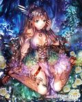  breasts brown_hair cleavage company_name copyright_name fantasy flower full_body green_eyes jewelry large_breasts long_hair looking_at_viewer official_art original plant rioka_(southern_blue_sky) sitting solo tears tenkuu_no_crystalia tree very_long_hair wariza 
