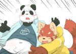  2012 anthro bear belly blush clothed clothing duo eyes_closed hoodie humanoid_hands japanese_text kota&acute; male mammal navel open_shirt overweight overweight_male panda red_panda simple_background text 