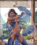  2015 abs absurdres andrey_zheltov armlet artist_name ass_visible_through_thighs backlighting bangs bikini blue_bikini blue_legwear blurry braid breasts bridal_gauntlets brown_hair candle chain cleavage cowboy_shot cross-laced_clothes curtains depth_of_field dual_wielding earrings eyelashes face_mask fan fighting_stance fingernails folding_fan french_braid hair_ornament highres holding holding_weapon jewelry kitana lace lace-trimmed_bikini lattice leather long_fingernails long_hair looking_at_viewer makeup mascara mask medium_breasts midriff mortal_kombat mountain multiple_braids navel ninja pelvic_curtain photorealistic realistic revealing_clothes scar see-through smoke solo sunlight swept_bangs swimsuit tan thighhighs tiara toned weapon wooden_floor 