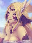  au_ra bare_shoulders blonde_hair blue_eyes breasts cleavage dragon_girl dragon_horns final_fantasy final_fantasy_xiv horns large_breasts long_hair scales solo soranamae 