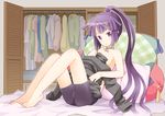 akatsuki_(log_horizon) b.tarou barefoot bed bike_shorts clothes log_horizon long_hair looking_at_viewer pillow ponytail purple_eyes purple_hair solo topless 