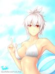  artist_name bare_shoulders bikini bikini_top breasts colored_eyelashes eyes_visible_through_hair highres league_of_legends looking_at_viewer medium_breasts red_eyes riven_(league_of_legends) ryu_seung smile solo swimsuit upper_body white_bikini white_hair 