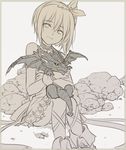  animal animal_hug ankle_boots boots choker dragon edna_(tales) gloves leg_ribbon monochrome ribbon short_hair side_ponytail sitting sketch sleeveless smile solo spot_color tales_of_(series) tales_of_zestiria tusia 