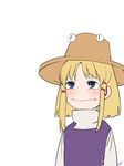  amino_(tn7135) bad_id bad_pixiv_id blonde_hair blue_eyes blush hat moriya_suwako sidelocks simple_background solo touhou white_background 