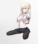  arm_behind_back black_legwear blonde_hair breasts cleavage full_body graf_zeppelin_(kantai_collection) grey_eyes hair_between_eyes kantai_collection large_breasts md5_mismatch miniskirt open_clothes open_shirt pantyhose shirt shoujo_donburi sidelocks sitting skirt solo tsurime twintails 