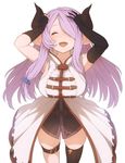  :d ^_^ armpits breasts closed_eyes commentary demon_horns draph granblue_fantasy hair_over_one_eye hands_on_own_head horns large_breasts lavender_hair long_hair narmaya_(granblue_fantasy) open_mouth pointy_ears simple_background skindentation smile solo tobimura white_background 