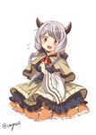  ;d blush breasts brown_eyes camieux capelet draph flying_sweatdrops granblue_fantasy horns large_breasts long_sleeves low_twintails one_eye_closed open_mouth shirt signature silver_hair skirt smile solo twintails twitter_username wide_sleeves yua_(checkmate) 