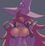  :q bare_shoulders black_sclera blazblue blazblue:_central_fiction breasts cleavage detached_collar elbow_gloves eu03 gloves hat konoe_a_mercury large_breasts licking_lips lips red_hair solo tongue tongue_out witch_hat yellow_eyes 