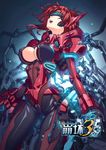  armor benghuai_xueyuan bodysuit cable cleavage_cutout copyright_name crotch_plate gloves headset logo mecha_musume mechanical_arm murata_himeko neon_trim official_art open_mouth power_armor power_suit red_armor red_hair shiny shiny_clothes short_hair shoulder_armor skin_tight solo teeth vambraces visor xiaoxiaodao 