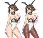  adapted_costume animal_ears brown_hair bunny_ears bunnysuit gloves green_eyes highres kantai_collection mutsu_(kantai_collection) nyantamaran pantyhose short_hair standing variations 