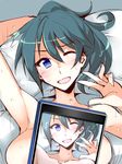  armpits blue_eyes blue_hair blush breasts cellphone cosaten cushion large_breasts lying motion_lines nakahara-kun_no_kahogo_na_imouto one_eye_closed phone smartphone smile solo sweat v yanokuchi_rui 