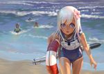  bare_shoulders beach blue_eyes blurry breasts crop_top depth_of_field flower hair_flower hair_ornament highres i-168_(kantai_collection) i-19_(kantai_collection) i-58_(kantai_collection) kantai_collection lifebuoy long_hair looking_at_viewer multiple_girls one-piece_swimsuit open_mouth partially_submerged pinakes pink_hair red_hair ro-500_(kantai_collection) school_swimsuit short_hair small_breasts swimsuit tan tanline white_hair 