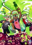  5girls :&gt; basketball_uniform beanie bike_shorts bucket dark_skin eyebrows fang fangs flat_chest green green_eyes green_hair hat inkling jenna_brown multiple_girls oversized_object paint_roller pointy_ears shoes slosher_(splatoon) sneakers splat_roller_(splatoon) splatoon_(series) splatoon_1 splattershot_(splatoon) sportswear super_soaker sweater takozonesu tentacle_hair visor_cap 