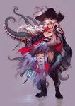  arm_sling asymmetrical_clothes bandages belt boots braid broken_arm cast chain collarbone dark_skin ein_lee full_body hat jewelry long_hair necklace original pirate pirate_hat scar single_thighhigh skull solo tentacles thigh_boots thighhighs white_hair yellow_eyes 