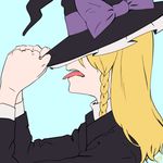  amino_(tn7135) bad_id bad_pixiv_id blonde_hair blue_background braid hat kirisame_marisa long_hair profile simple_background solo tongue tongue_out touhou witch_hat 
