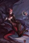  absurdres bad_id bad_pixiv_id black_hair breasts bug cleavage clenched_hand elise_(league_of_legends) full_body gloves highres holding insect_girl large_breasts league_of_legends lips long_hair looking_at_another monster_girl navel nose rabbit_(tukenitian) realistic red_eyes red_hair silk sketch solo spider spider_girl spider_web 