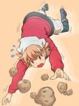  atra_mixta brown_eyes brown_hair falling floating gundam gundam_tekketsu_no_orphans head_scarf jacket komase_(jkp423) open_mouth potato shorts solo zero_gravity 