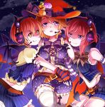  :q brown_hair girl_sandwich halloween halloween_costume hatomugi_(mugicha) headset highres hoshizora_rin koizumi_hanayo love_live! love_live!_school_idol_project multiple_girls nishikino_maki open_mouth orange_hair pinstripe_pattern purple_eyes red_hair sandwiched short_hair smile striped tongue tongue_out 