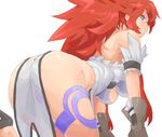  all_fours ass blue_eyes breasts gloves high_heels highres himeki_luna large_breasts long_hair looking_at_viewer minakami_(flyingman555) pelvic_curtain red_hair see-through simple_background smile solo underboob vanguard_princess white_background 