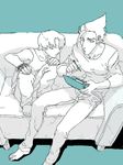  brown_hair couch gakudou_(rom3boom) handheld_game_console image_sample kazuma_(scryed) multiple_boys nintendo_3ds pixiv_sample playing_games scryed short_hair sitting straight_cougar 
