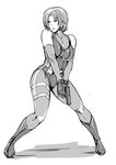  bare_shoulders bodysuit boots breasts cleavage commentary_request detached_sleeves dino_crisis full_body gloves greyscale gun gureko_rouman handgun knee_boots large_breasts leotard monochrome pistol regina short_hair solo spandex thigh_strap weapon 