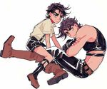  black_hair blue_eyes boots dual_persona jojo_no_kimyou_na_bouken joseph_joestar_(young) male_focus mapi_(mup1228) midriff multiple_boys older shorts suspenders younger 