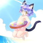  :3 :d ahoge animal_ears bad_id bad_pixiv_id beach cat_ears cat_tail cloud day eyebrows fang flat_chest innertube jumping looking_at_viewer mao_(mizuki_kotora) mizuki_kotora open_mouth original outdoors purple_hair school_swimsuit see-through short_hair sky smile solo swimsuit tail thick_eyebrows white_swimsuit yellow_eyes 