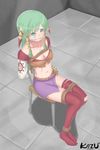  absurdres bdsm bondage bound breasts cleavage feena_(grandia) grandia grandia_i green_hair hair_ornament hair_tubes highres jewelry long_hair low-tied_long_hair skirt solo thighhighs yami_no_kazu_(yamikazu) 