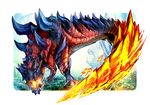  claws commentary_request dinosaur fangs fiery_tail fire forest fuse_ryuuta glavenus horns monster monster_hunter monster_hunter_x nature no_humans open_mouth reptile scales solo spikes tail teeth 