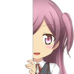  :d blush collared_shirt eyebrows_visible_through_hair hagikaze_(kantai_collection) kantai_collection long_hair looking_at_viewer nagineko neck_ribbon one_side_up open_mouth peeking_out purple_eyes purple_hair red_ribbon ribbon school_uniform shirt smile solo transparent_background vest 