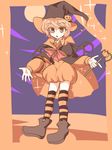  androgynous bad_id bad_twitter_id blonde_hair boots bow capelet food_themed_hair_ornament hair_ornament halloween hat jandare len'en pumpkin pumpkin_hair_ornament short_hair solo thighhighs umatachi_tsugumi wand wings witch_hat 