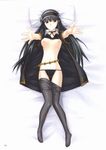  bed black_hair black_legwear black_panties bra bra_lift breasts brown_eyes collarbone hairband headdress highres kimi_ga_aruji_de_shitsuji_ga_ore_de kuonji_shinra long_hair lying medium_breasts midriff navel nipples on_back open_clothes panties pantyhose pantyhose_pull pillow shironeko_sanbou side-tie_panties smile solo underwear 