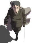  anime_coloring bad_id bad_pixiv_id black_hair cane formal hirasawa_susumu male_focus real_life serious shadow solo suit sword tanaka1989 walking weapon white_background 