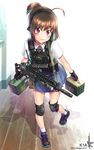  ahoge ammo_box assault_rifle brown_hair daewoo_k1 ear_protection emblem field_radio gloves gun headset highres kws lavender_eyes looking_at_viewer military nike original plate_carrier ponytail rifle school_uniform sling solo south_korean_flag stanag_magazine star star-shaped_pupils symbol-shaped_pupils weapon 