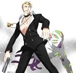  2boys blonde_hair cigarette formal gun handgun hokuto_shun jewelry jojo_no_kimyou_na_bouken male_focus multiple_boys necklace prosciutto stand_(jojo) suit the_grateful_dead_(stand) weapon 