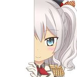  blue_eyes epaulettes gloves hair_ornament hat kantai_collection kashima_(kantai_collection) long_hair looking_at_viewer military military_uniform nagineko peeking_out ribbon silver_hair smile solo transparent_background tsurime twintails uniform white_gloves 