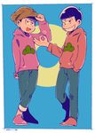  adjusting_clothes adjusting_hat arm_behind_back beanie black_hair blue_background bowl_cut brothers circle crossed_legs dated denim hand_in_pocket hat heart hood hoodie jeans male_focus matsuno_osomatsu matsuno_todomatsu money_gesture multiple_boys one_eye_closed osomatsu-kun osomatsu-san pants siblings simple_background smirk sumio_(smosmo) 