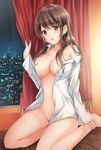  :d bare_shoulders barefoot bed_sheet blurry blush bokeh bottomless breasts brown_eyes brown_hair buttons city cleavage collared_shirt curtain_grab curtains depth_of_field dress_shirt glass hand_on_ankle highres indoors large_breasts long_hair long_sleeves naked_shirt nanashiki_fuuka navel night night_sky off_shoulder open_clothes open_mouth open_shirt original shirt sitting sky smile solo white_shirt window 